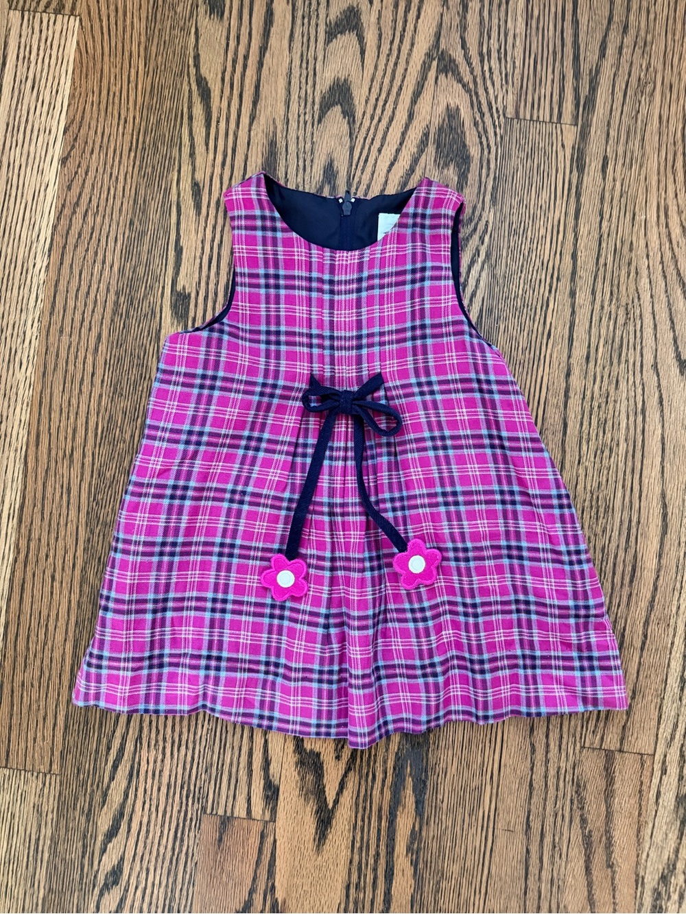 Florence Eisensn Girls Pink Plaid Sleeveless Dress with Navy Bow, Size 12M